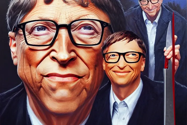 Image similar to portrait of bill gates with a knife as the zodiac killer bloodied, an oil painting by ross tran and thomas kincade