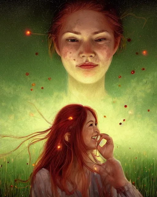 Image similar to shy young woman, smiling, amazed by the lights of golden fireflies, sitting in the midst of nature fully covered, long loose red hair, intricate linework, dreamy green eyes, small nose with freckles, oval shape face, realistic, expressive emotions, dramatic lights, spiritual scene, hyper realistic ultrafine digital art by james jean and albert bierstadt and artgerm