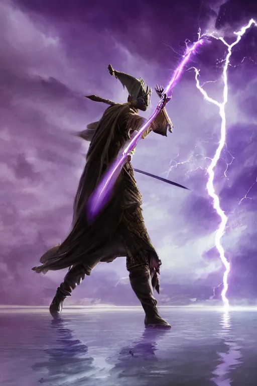 Prompt: fantasy, hyper realistic mystical wizard holding a sword that’s pointed towards the sky, sword is getting shocked by purple lightning, wizard is levitating over a lake, reflection, octane, trending on artstation, highly detailed, by Frank frazetta, 8k