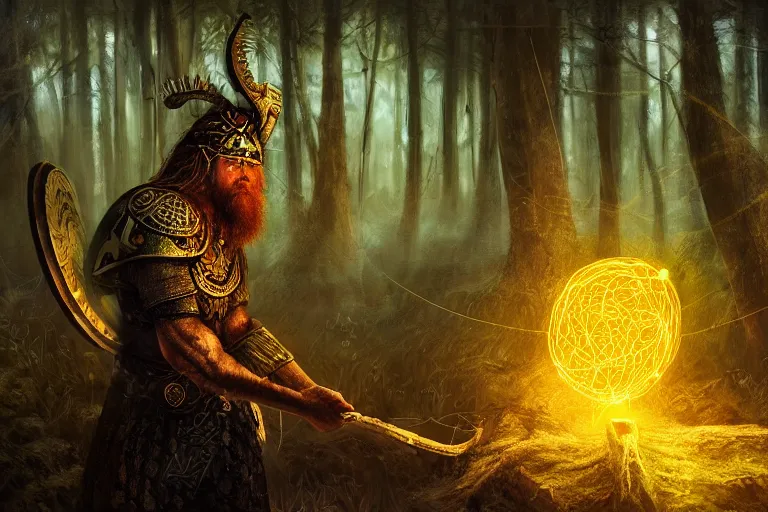 Prompt: mythological warrior viking Shaman of artificial intelligence creating an artificial neural network with yellow synapses on an anvil, dark mystical forest in the background, high resolution, award winning art, trending on art station, sharp image, incredibly detailed, detailed character realistic painting,