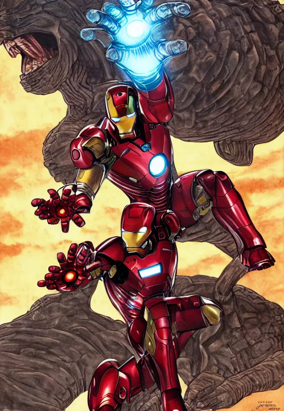 Prompt: iron man fighting a giant kaiju, comic book style illustration