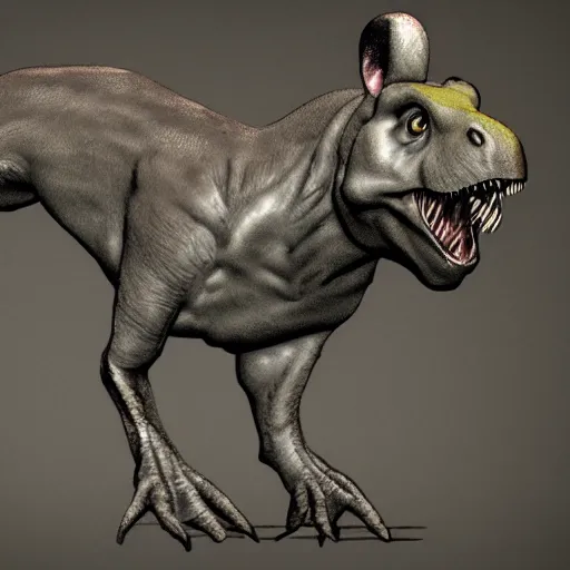 Image similar to trex with mouse teeth and mouse ears, fully body rendering