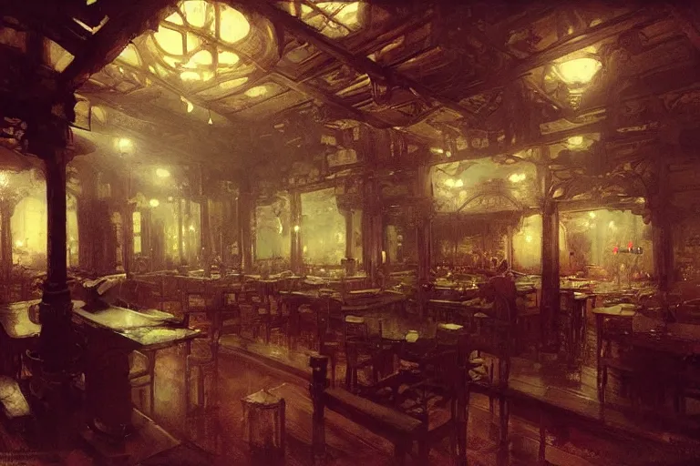 Image similar to tavern interior, intricate, elegant, highly detailed, john park, frazetta, sparth, ruan jia, jeffrey catherine jones
