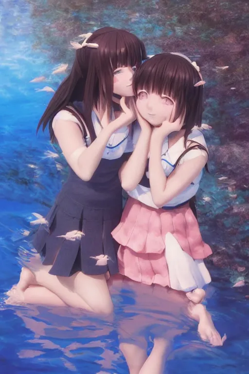 Prompt: 3d infrared render portrait of beauty 3d anime schoolgirls hugged underwater. school best friends. blue water hawaii. cute face. dramatic light, trending on artstation, art by hiro kiyohara and hayao miyazaki oil painting.