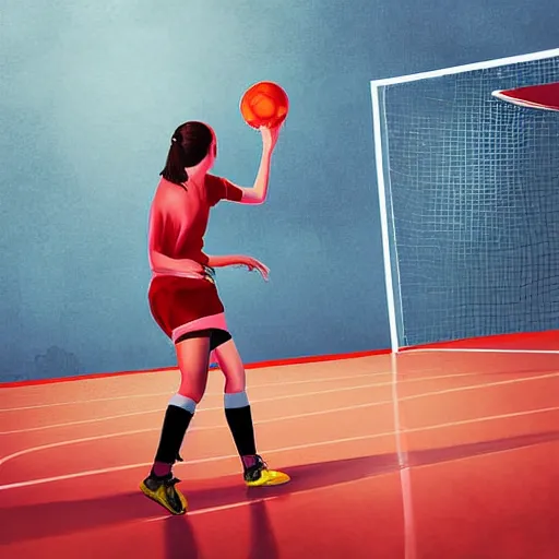 Prompt: one young woman playing handball in an arena, digital art, epic lighting