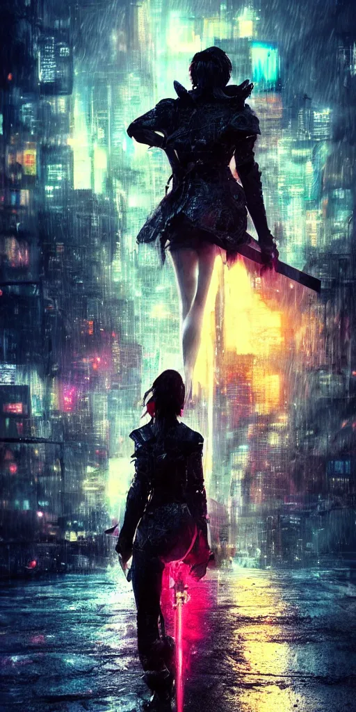 Image similar to back shot of one beautiful girl warrior in punk jacket gazing back into distance land, holding two swords that glows in neon red. standing on wet road, digital art by wlop. artstation contest winner, cinematic paint. lower shot. dramatic cloud and ruined city in background. blade runner