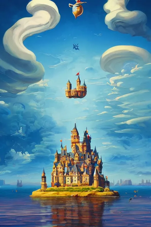 Prompt: a painting of a castle city island floating in the air, a surrealist painting by rhads, james jean, alberto seveso, behance contest winner, psychedelic art, flying castle, wallpaper, art