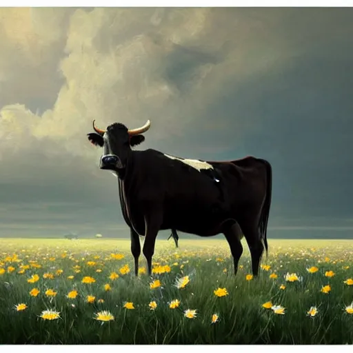 Image similar to Hyper realistic oil painting of a cow standing in the middle of a field of daisies, blue sky, high contrast, by greg rutkowski, trending on artstation