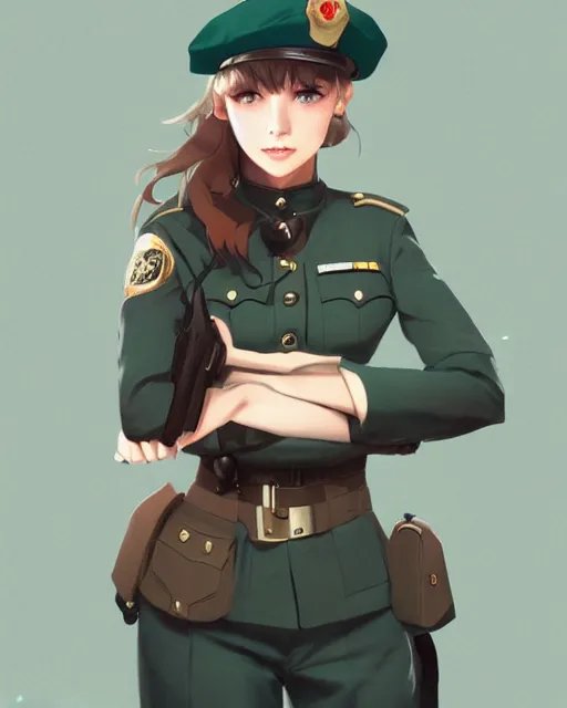 Image similar to young woman with shoulder length light brown hair and hazel eyes dressed in a sharp dark teal military uniform and beret, anime, ilya kuvshinov, greg rutkowski, guweiz, ross tran, loish, svetlana tigai, artgerm, artstation trending, concept art, digital painting