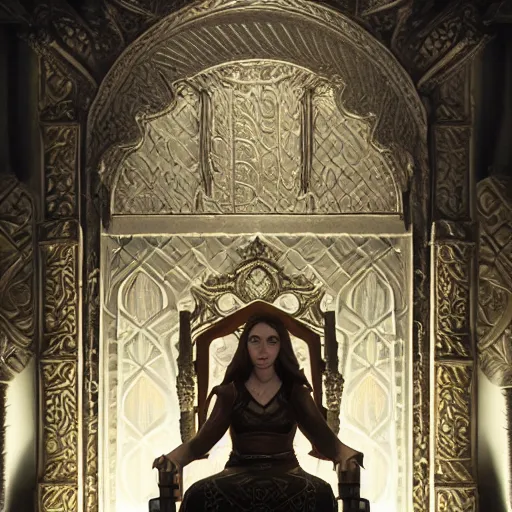 Image similar to the elder scrolls vi, charismatic regal humble brunette female jarl, portrait, throne room, atmospheric lighting, painted, intricate, volumetric lighting, beautiful, daytime, sunny weather, slight overcast, sharp focus, deep colours, ultra detailed, by leesha hannigan, ross tran, thierry doizon, kai carpenter, ignacio fernandez rios