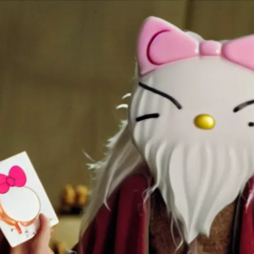 Image similar to portrait of gandalf as Hello Kitty, holding a blank playing card up to the camera, movie still from the lord of the rings