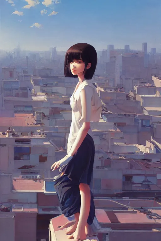 Image similar to A ultradetailed beautiful panting of a stylish girl painting on a canvas, she is standing on a rooftop, by Ilya Kuvshinov, Greg Rutkowski and Makoto Shinkai