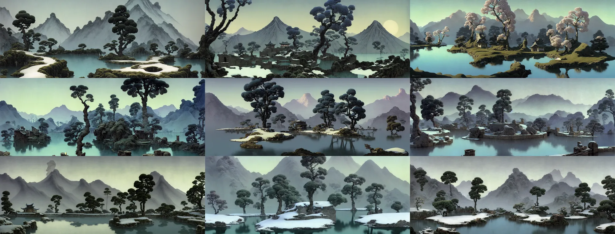 Prompt: a gorgeous bleak spring landscape painting by barlowe wayne maxfield parrish and marco mazzoni. tree no leaf!! china mountain village!! smoke curling up from kitchen chimneys, grey blue and light verdancy. the lake ice is melting. the winding stone steps. ultra clear detailed. 3 d, octane render. chinese wuxia. 8 k