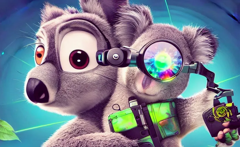 Image similar to “ one cute koala with very big eyes, wearing a bandana and chain, holding a laser gun, standing on a desk, digital art, award winning, in the style of the movie zootopia ”