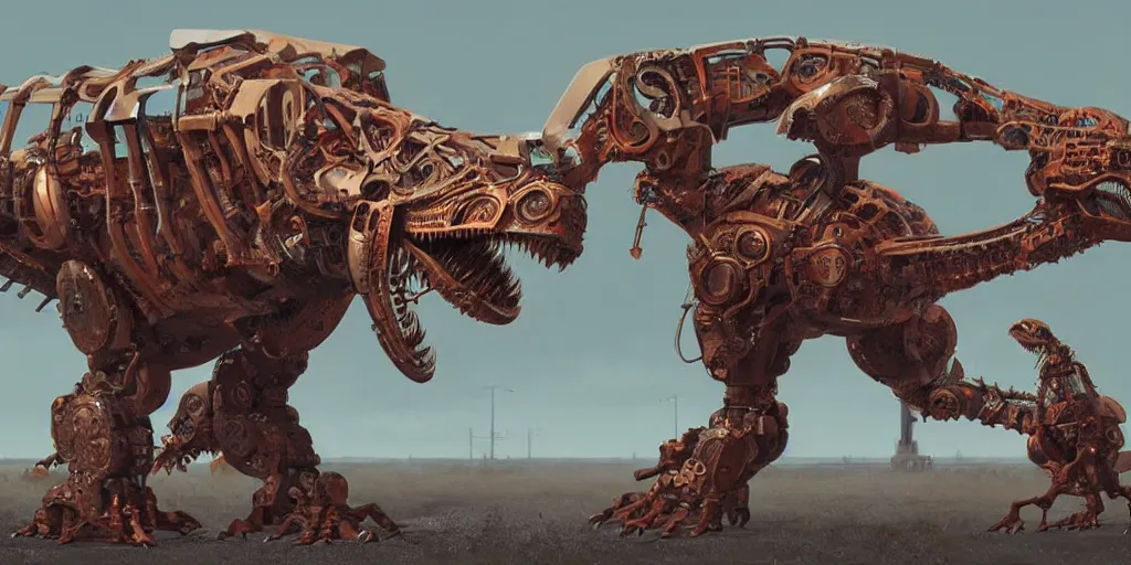 Image similar to a character art rendering of a robot T-rex made of mechanical parts, cartoonish psychedelic paleoart rendering, realistic dinosaur cyborg in the style of simon stålenhag, made with zbrush