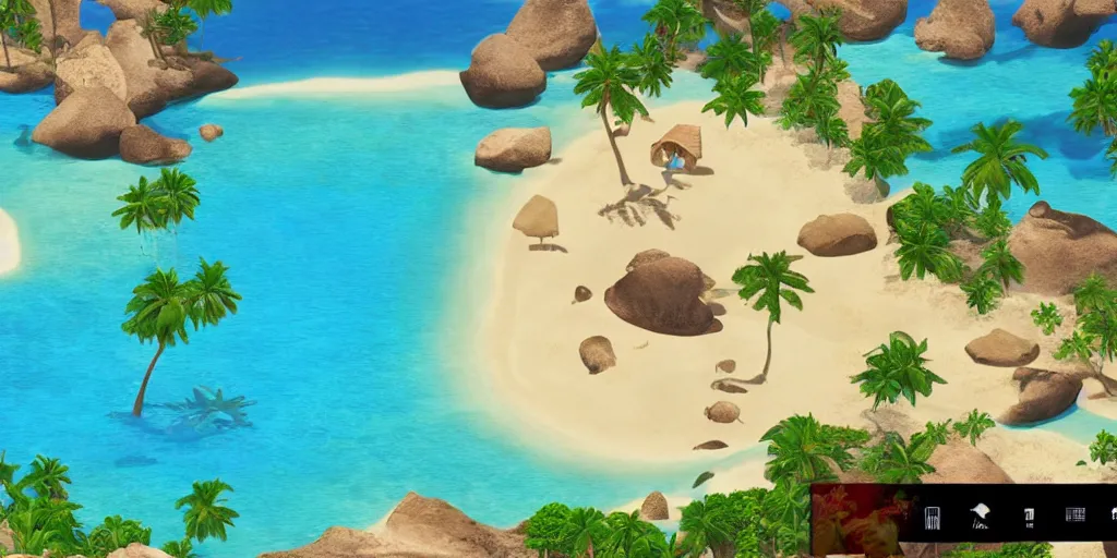 Prompt: A desert island paradise on Playstation 1 graphic, crystal clear sea, screenshot