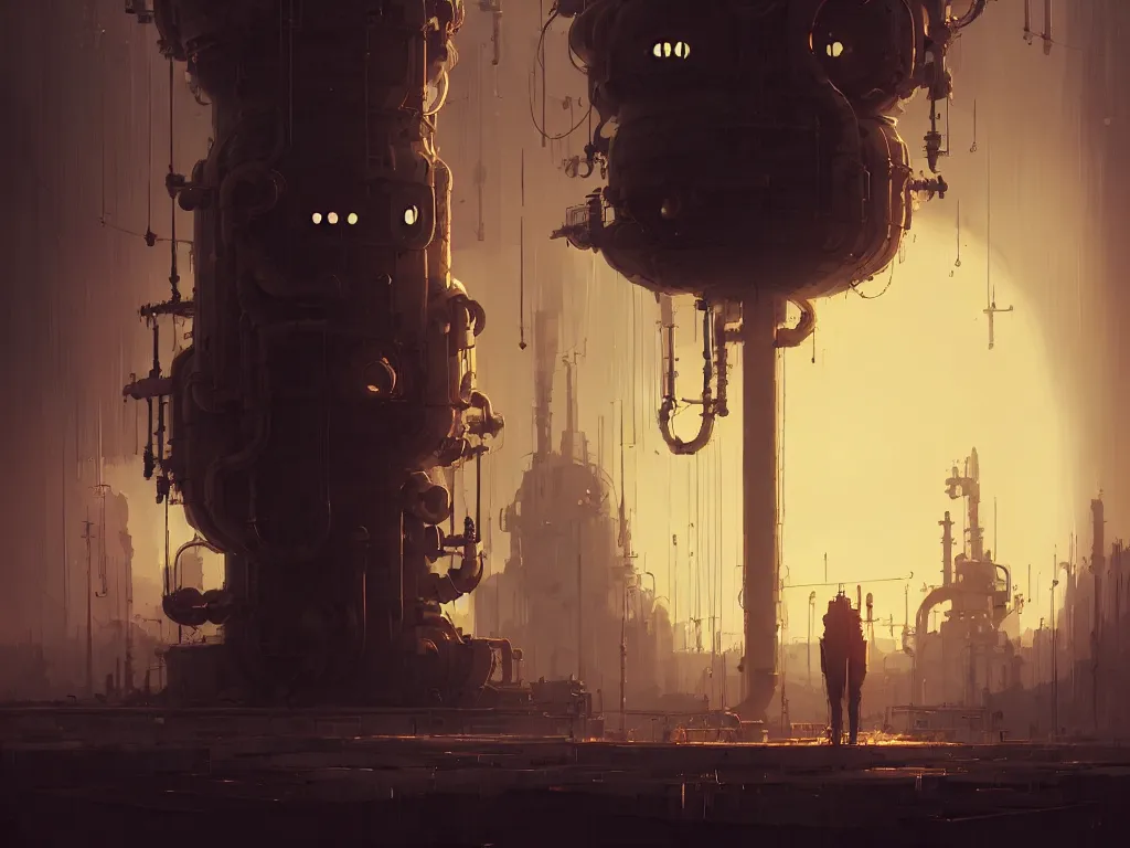 Image similar to creepy steampunk nuclear reactor, persons, by atey ghailan, ismail inceoglu, michal lisowski, artstation, volumetric light, high detail, reflection, ambient occlusion, perfect, dystopian, concept art, hdr, 4 k