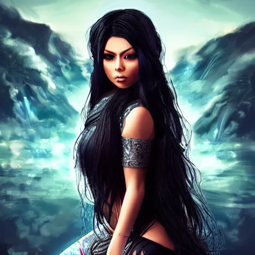 Image similar to portait haifa wehbe as duanmu rong, centred, very long hair, hd, unreal engine, art digital painting, amazing background theme