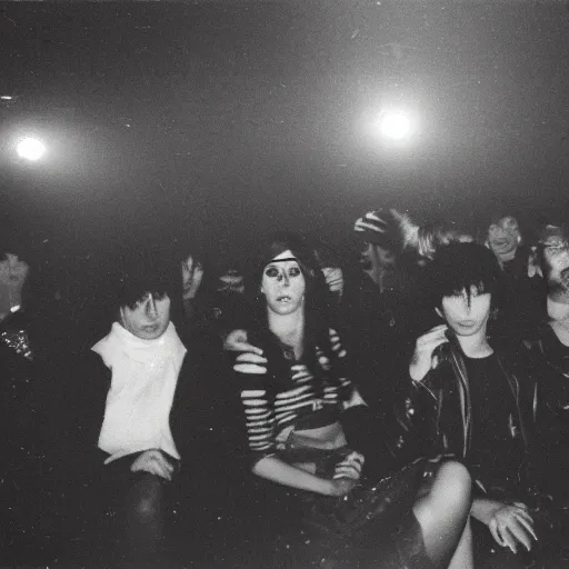 Image similar to goths in a nightclub in a vast underground bunker, berlin 1 9 8 2, grainy high contrast black and white