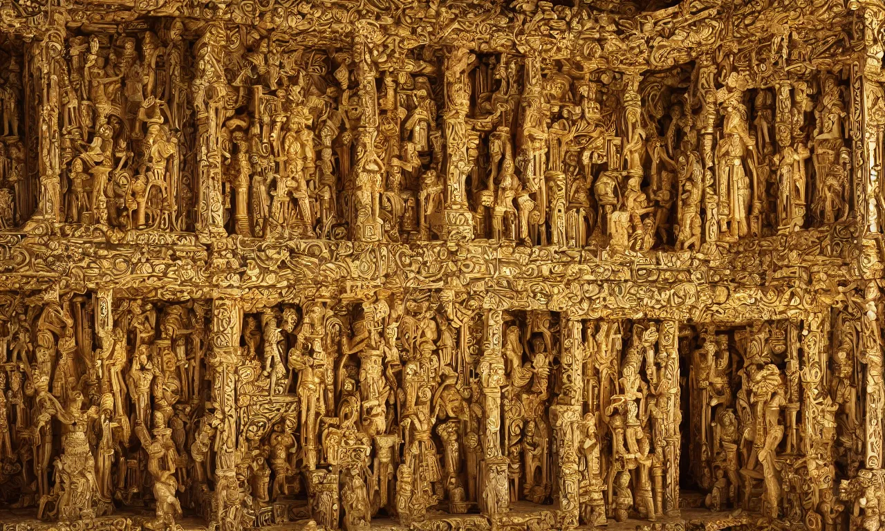 Image similar to giovanna pillaca inside el retablo digital architectural sculptural interior, contains iconographic and inca statues in gold, visually satisfying architecture render