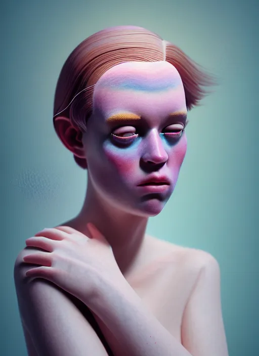 Image similar to Kodak Portra 400, 8K, soft light, volumetric lighting, highly detailed, fine art portrait photography in style of Tim Walker , britt marling face 3/4 morphing with soft pastel colors tropical fishes, metamorphosis complex 3d render , 150 mm lens, soft blur background, bust with intricate details, elegant, hyper realistic, ultra detailed, octane render, etheric, outworldly colours, emotionally evoking, head in focus, fantasy, ornamental, intricate, elegant, 8K, soft light, volumetric underwater lighting, highly detailed, Refined, Highly Detailed, soft lighting colors scheme, fine art photography, Hyper realistic, photo realistic