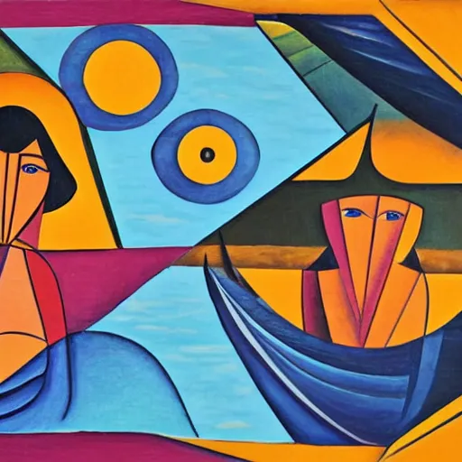 Prompt: two Women weaving the tapestry of life by the ocean as the tide comes in , high quality art in the style of cubism and georgia o’keefe and art deco,