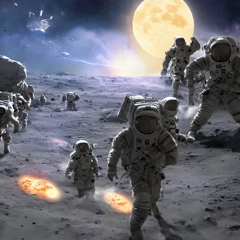 Prompt: soldiers fighting on the moon, moon revolution, earth visible in the background, sci - fi battle scene, beautiful colors, space warfare, 8 k, by craig mullins