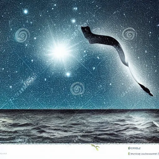 Image similar to Shinny stars in ocean and whales in sky dancing with dark moon