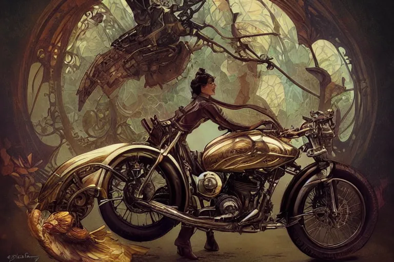 Prompt: 1950 Motorcycle, fantasy, elegant, intricate, highly detailed, digital painting, artstation, concept art, sharp focus, illustration, art by artgerm and greg rutkowski and alphonse mucha