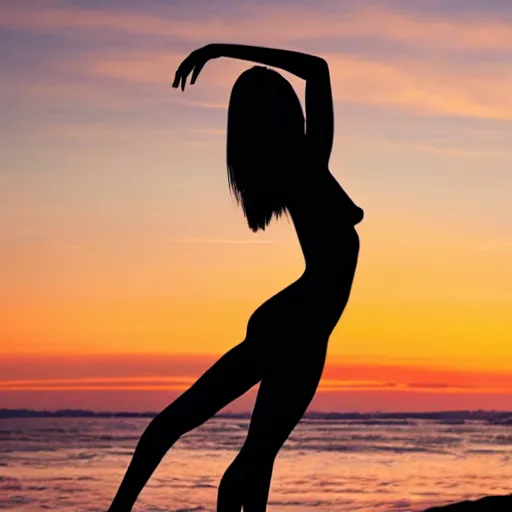 Prompt: silhouette of a naked girl standing in front of a sunset