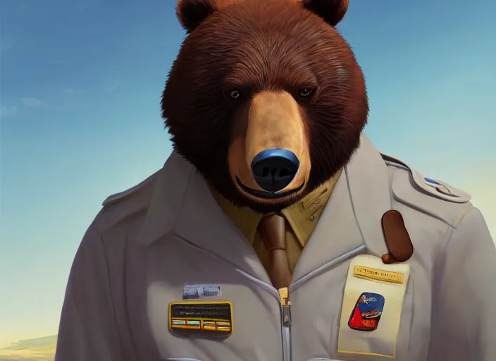 Image similar to character portrait feature of the anthro male anthropomorphic kamchatka brown bear fursona wearing airline pilot outfit uniform professional pilot for delta airlines character design stylized by charlie bowater, ross tran, artgerm, and makoto shinkai, detailed, soft lighting, rendered in octane