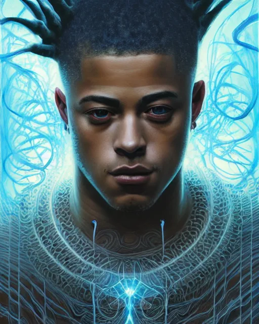 Prompt: a headshot of a xxxtentacion, headlocks, made of fractals facing each other, ultra realistic, wide angle, intricate details, the fifth element artifacts, highly detailed by peter mohrbacher, hajime sorayama, wayne barlowe, boris vallejo, aaron horkey, gaston bussiere, craig mullins