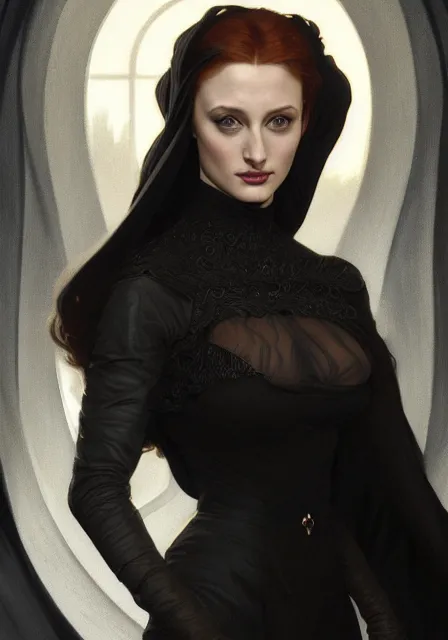 Image similar to sansa angeline jolie gessica chastain in black, intricate, elegant, highly detailed, digital painting, artstation, concept art, smooth, sharp focus, illustration, art by artgerm and greg rutkowski and alphonse mucha and william - adolphe bouguereau