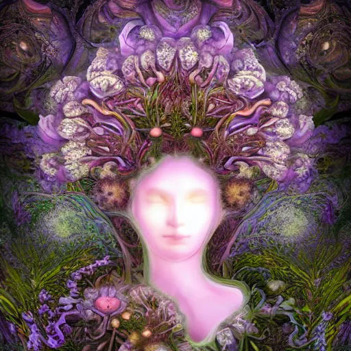 Image similar to an idealistic marble statue with fractal flowery hair in a fractal garden, glowing delicate flower and mushrooms that grow in a dark fatansy forest on the planet pandora,, symmetrical,