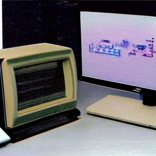 Image similar to slightly blurry and grainy photographic proof of a 8 0 s 8 bit homecomputer and peripherals and tv monitor that never was released tp the public.