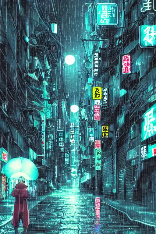Prompt: a cyberpunk samurai in a raining cobblestone alleyway in tokyo, neon lights, full moon, fog cinematic anime art by one