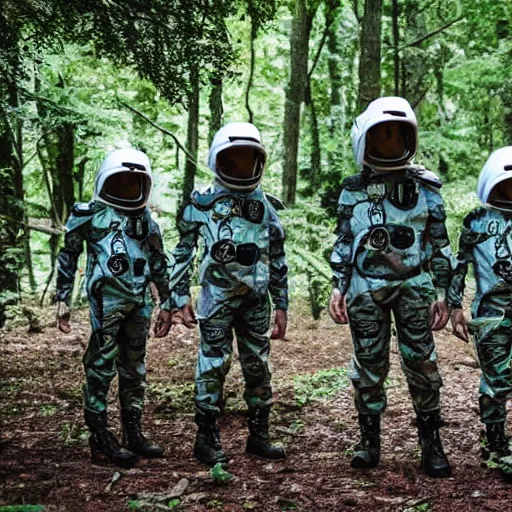 Image similar to a squad of space scouts wearing camo uniforms with white armor and helmets exploring a forest planet