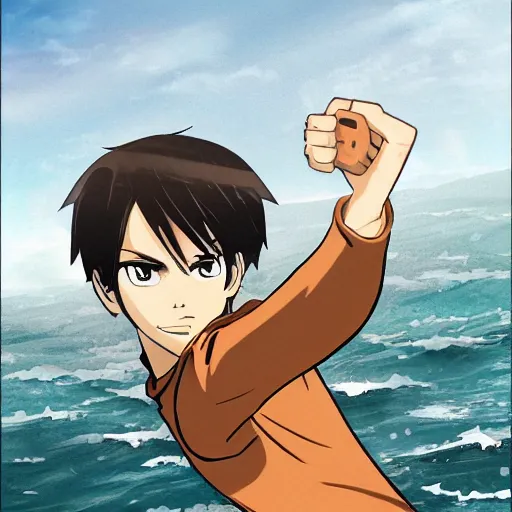 Image similar to eren jaeger pointing at a sausage over the sea