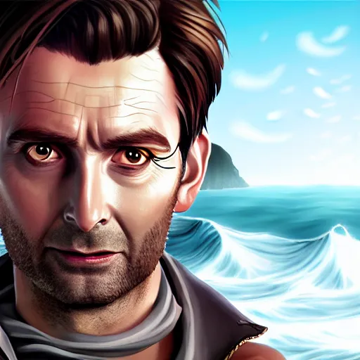 Image similar to david Tennant in the Sea of thieves, ultra detailed, sharp focus, art by artgerm, 8k, game screenshot, hyperrealistic