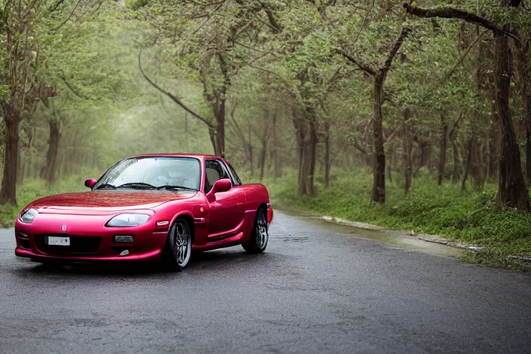 Prompt: A Mazda RX-7 parked in a road with trees, rainy spring season, Epic photography, taken with a Canon DSLR camera, 50 mm, insane depth of field