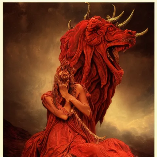 Image similar to a masterpiece! photographic portrait of a scarlet - colored beast with seven ( 7 ) heads and ten ( 1 0 ) horns by gustave dore and stephen hickman and allen williams, trending on artstation, cgsociety, 8 k hd, earthtone colors, a cloaked woman riding the back of the beast