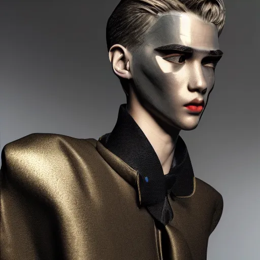 Prompt: innovative avant-garde art, deco fashion, young boy with sharp jawline, royal theme, highly detailed, photorealistic portrait, crisp quality and light reflections, unreal engine 5 quality render
