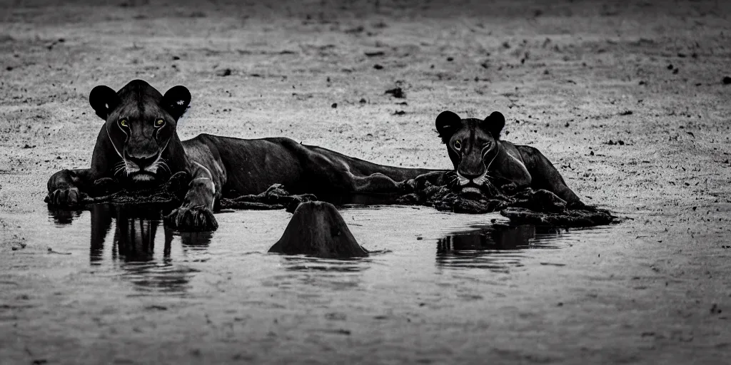 Image similar to a black lioness, made of smooth black goo, bathing inside the lake of black goo, viscous, sticky, full of tar, covered with black goo. dslr, photography, realism, animal photography, color, savanna, wildlife photography, black goo