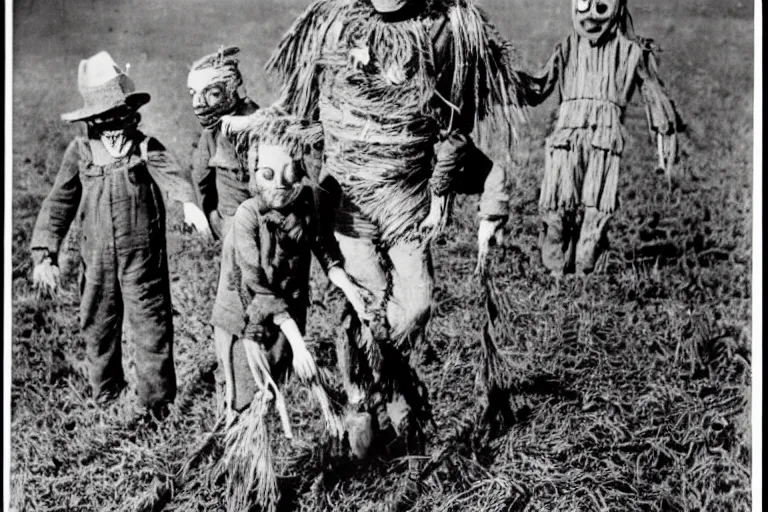 Image similar to disturbing scarecrow from the early 1 9 0 0's leading children into the cornfields