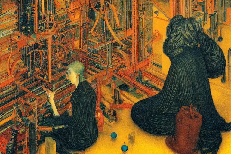 Image similar to realistic portrait of an engineer woman programming the samsara holy cluster, fine portrait, concept art, stunning, visionary, by brecht evens, by jean delville, by francis bacon