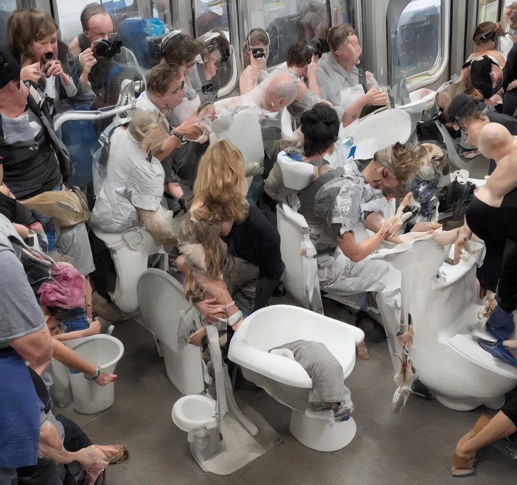 Image similar to people were flushing their cats down the toilet. this was for a charity, unspecified but highly regarded. people were on the train, looking at artefacts from outer space, listening to talk show djs discussing how to route your cat to the most profitable endpoint in the sewage system