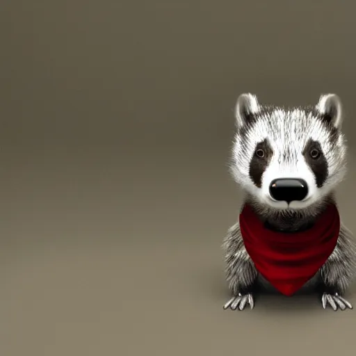 Prompt: a humanoid friendly badger walking on white background towards the camera, he‘s wearing a red neckerchief, digital render