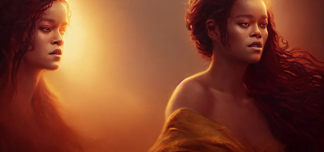 Image similar to majestic gracious regal goddess rhianna portrait, ancient greece, elysium, atmospheric lighting, painted, intricate, volumetric lighting, beautiful, rich deep colours masterpiece, golden hour, sharp focus, ultra detailed, by leesha hannigan, ross tran, thierry doizon, kai carpenter, ignacio fernandez rios