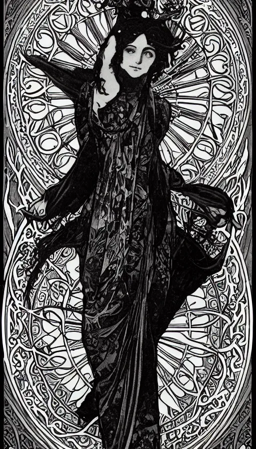 Prompt: a finely detailed beautiful!!! feminine alchemical engraving of The Baphometress by Alphonse Mucha, legendary masterpiece, stunning!, saturated colors, black background, full body portrait, zoomed out to show entire image, trending on ArtStation