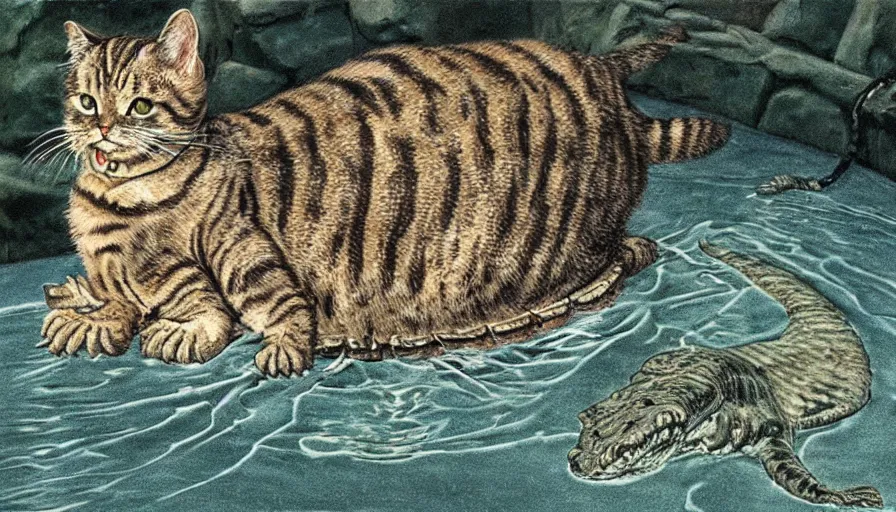 Image similar to bernie wrightson tabby cat morphed with alligator skin swimming pool veterinary diagram optical illusion